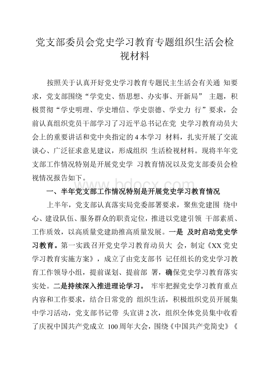 党支部委员会党史学习教育专题组织生活会检视材料.docx_第1页