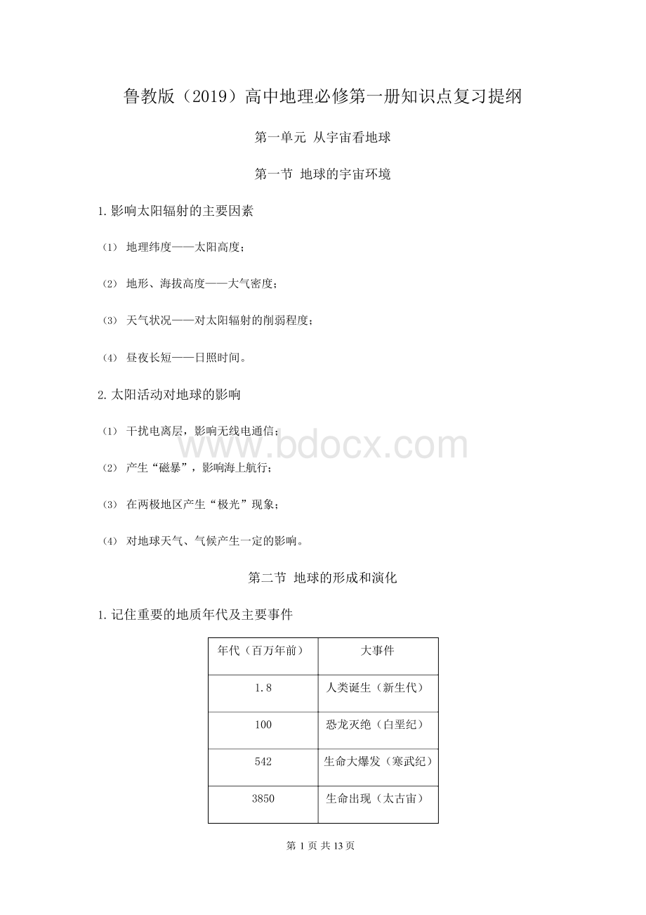 鲁教版(2019)高中地理必修第一册知识点复习提纲.docx