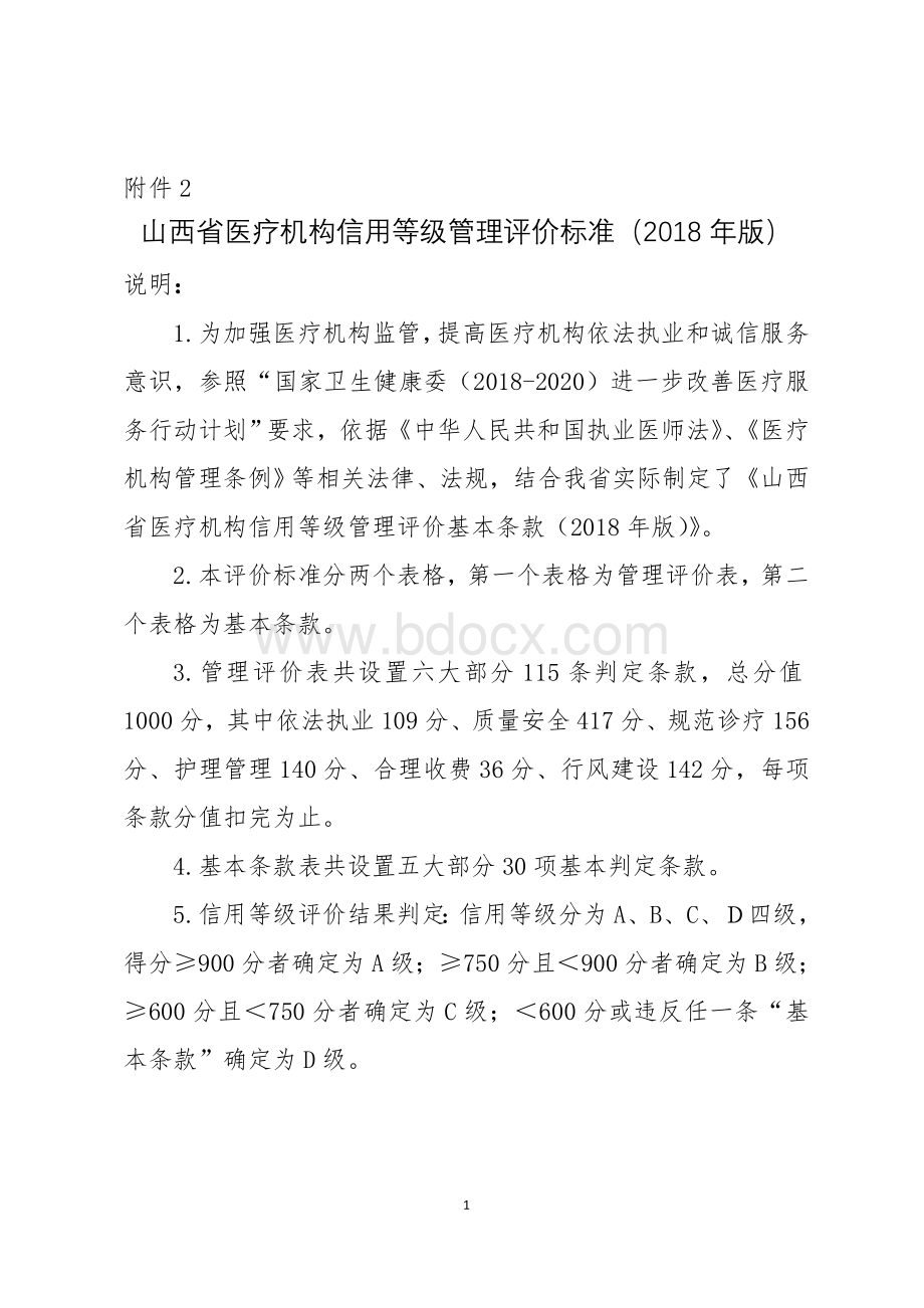 山西省医疗机构信用等级管理评价标准(2018年版)(1) (1)Word文档下载推荐.doc_第1页