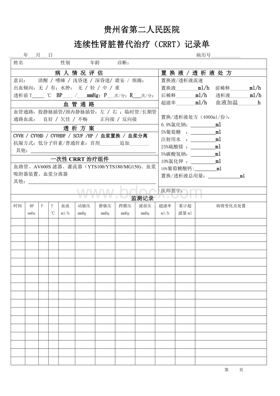 CRRT-治疗记录单1.doc