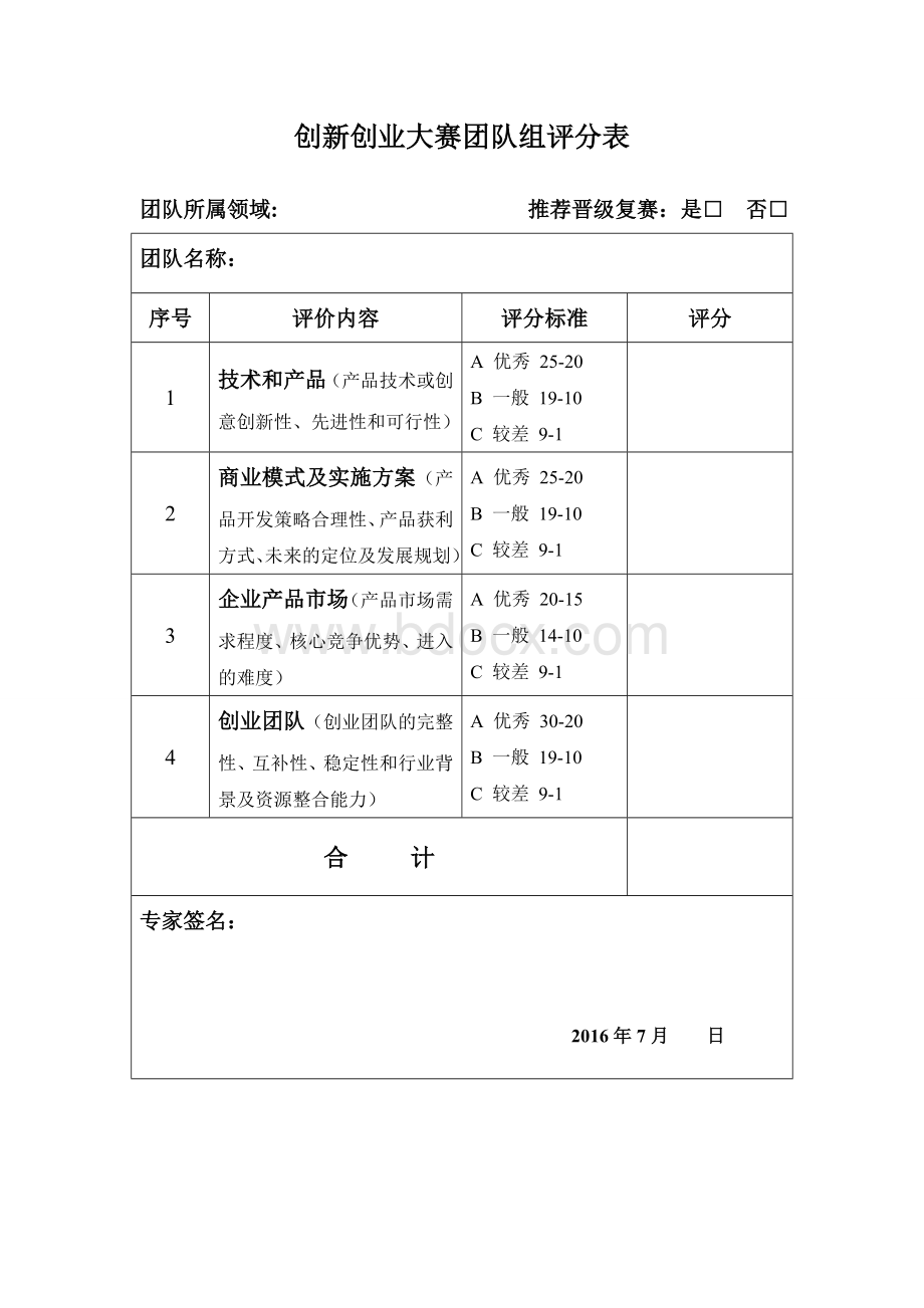 创新创业大赛团队组评分表-1Word文档格式.doc_第1页