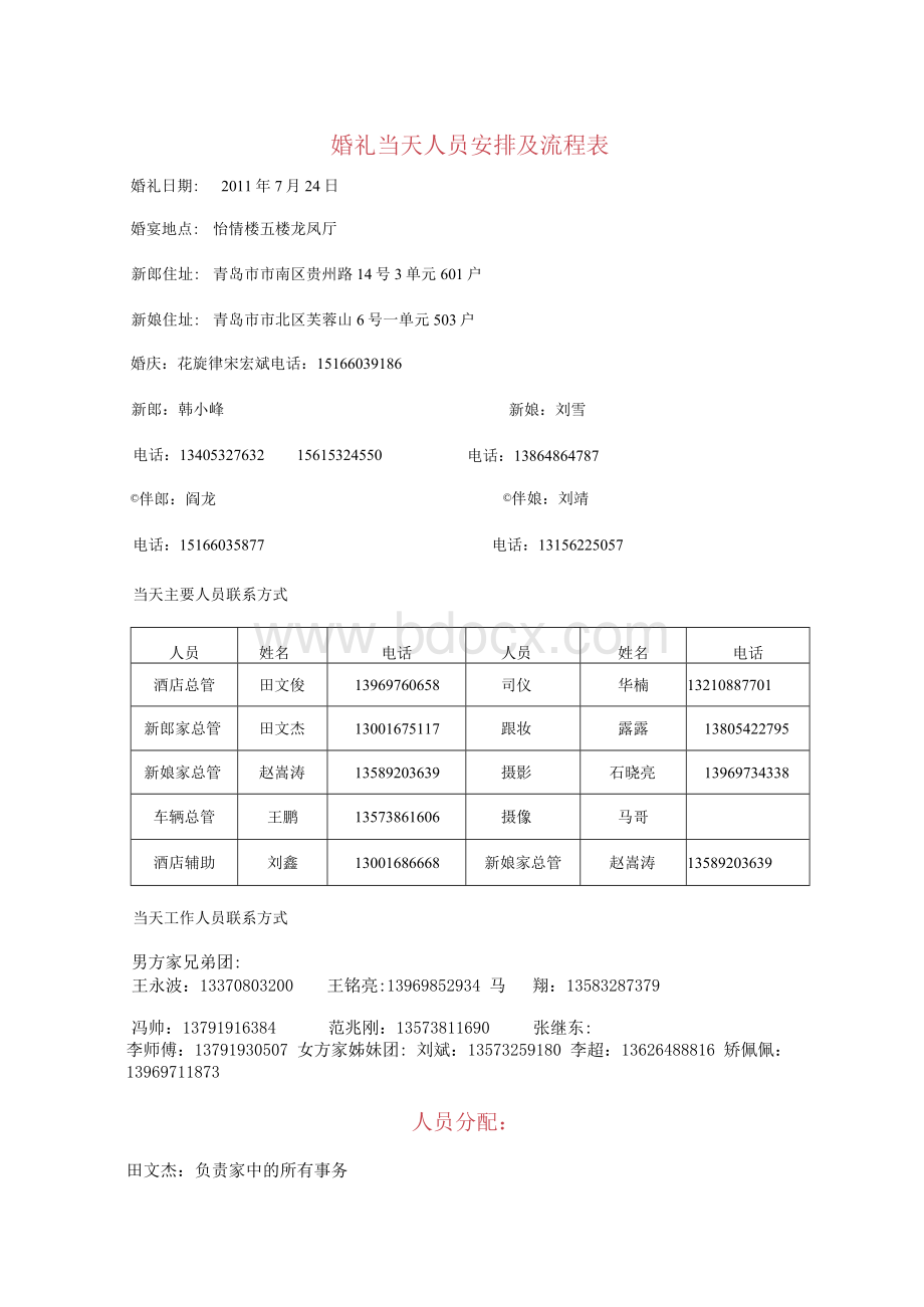 婚礼当天人员安排及流程表.docx_第1页