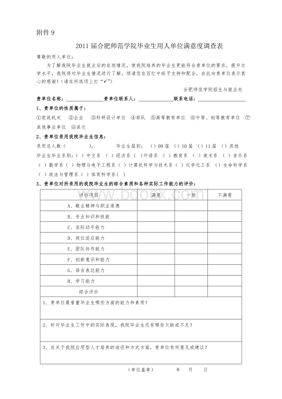 届合肥师范学院毕业生用人单位满意度调查表.doc