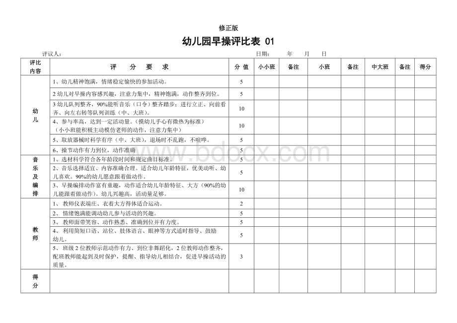 幼儿园早操评比表-修正版Word格式.doc_第1页