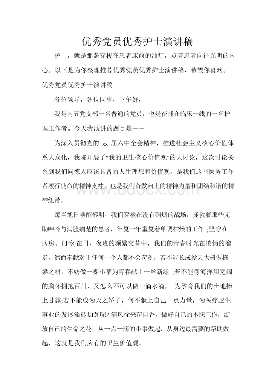 优秀党员优秀护士演讲稿文档格式.docx_第1页