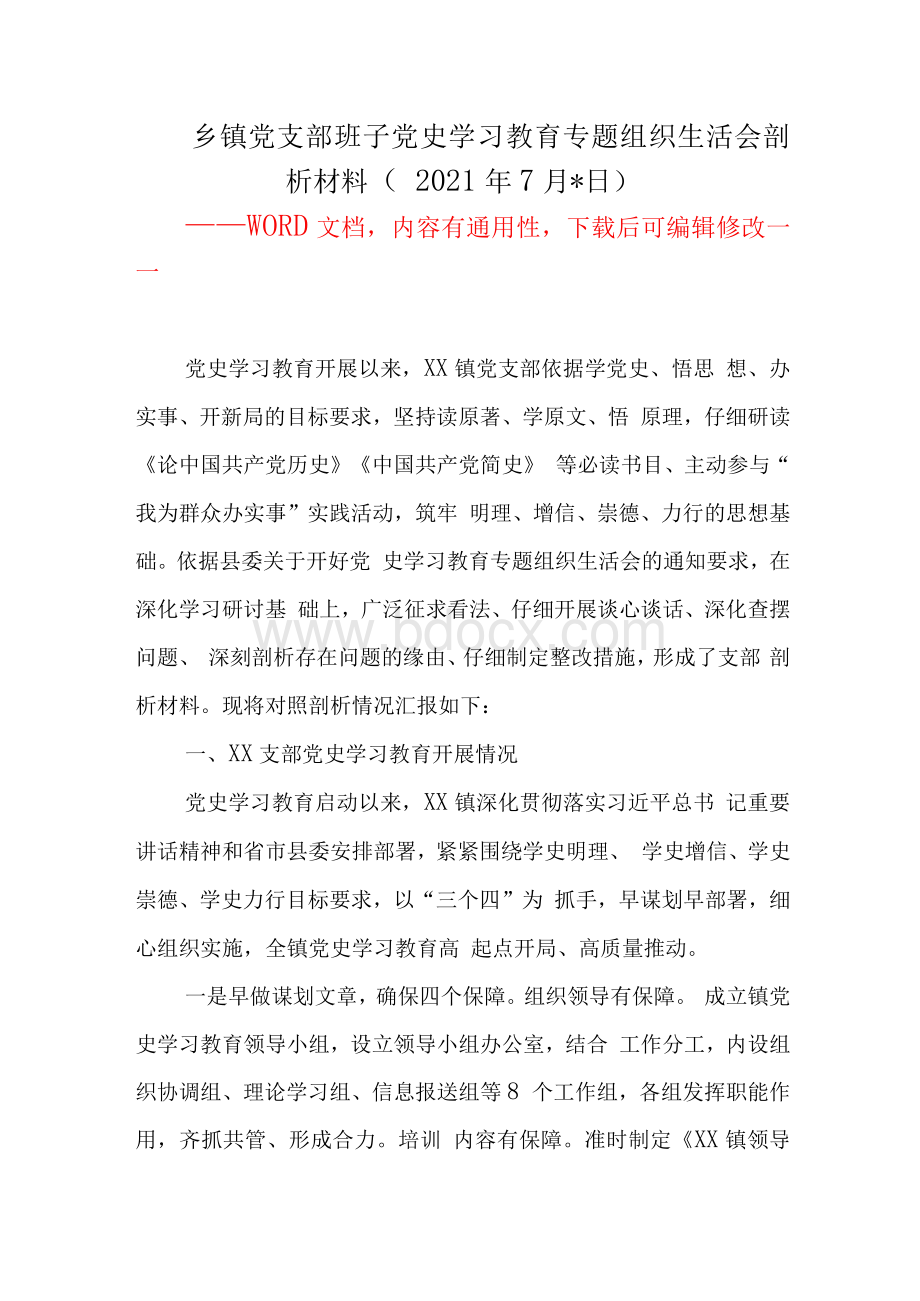 乡镇党支部班子党史学习教育专题组织生活会剖析材料（2021年7月）Word格式文档下载.docx