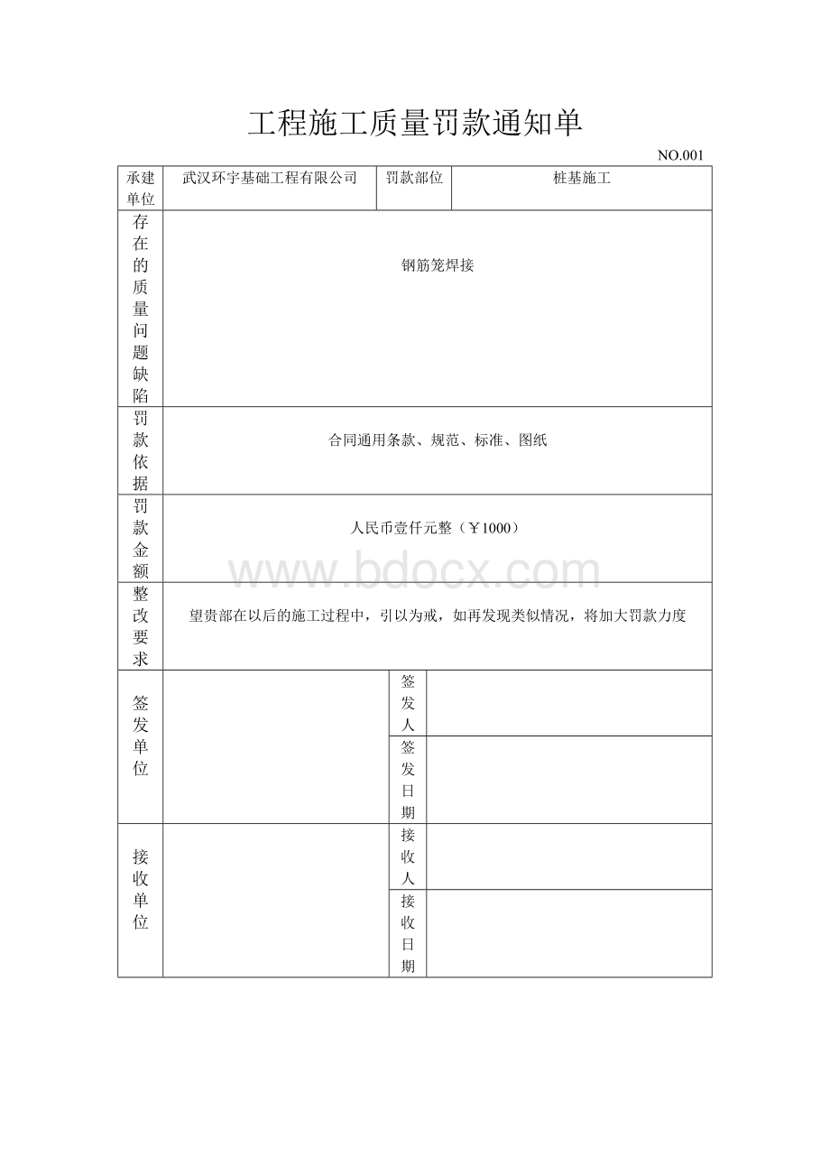 工程施工质量罚款通知单.doc