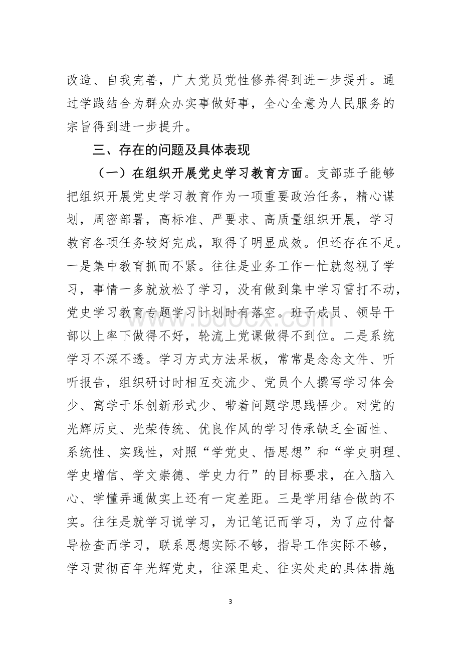 党支部班子党史学习教育专题组织生活会对照检查材料 (1).docx_第3页