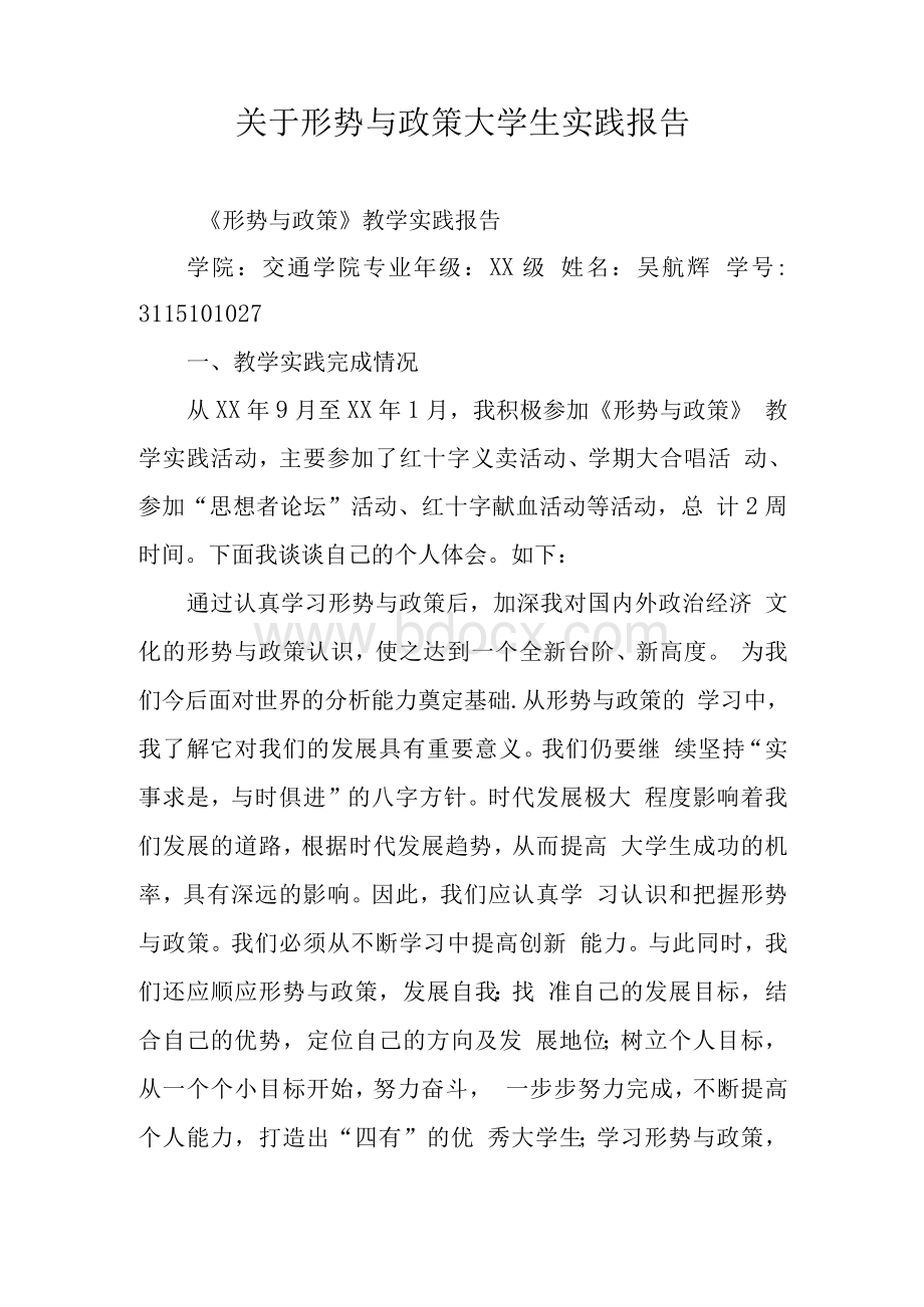 关于形势与政策大学生实践报告Word文档格式.docx