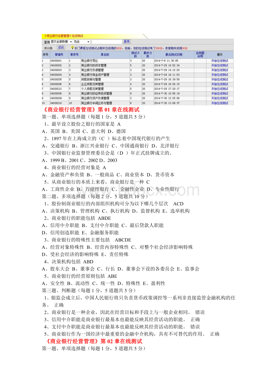 《商业银行经营管理》第01--10章在线测试.doc