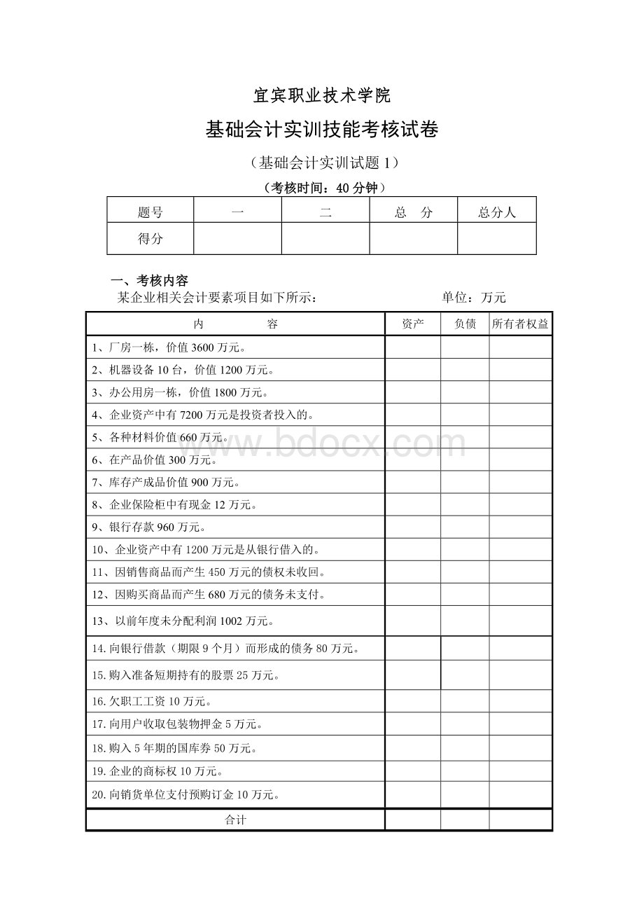 基础会计实训考试题及答案五套财务管理.doc_第2页