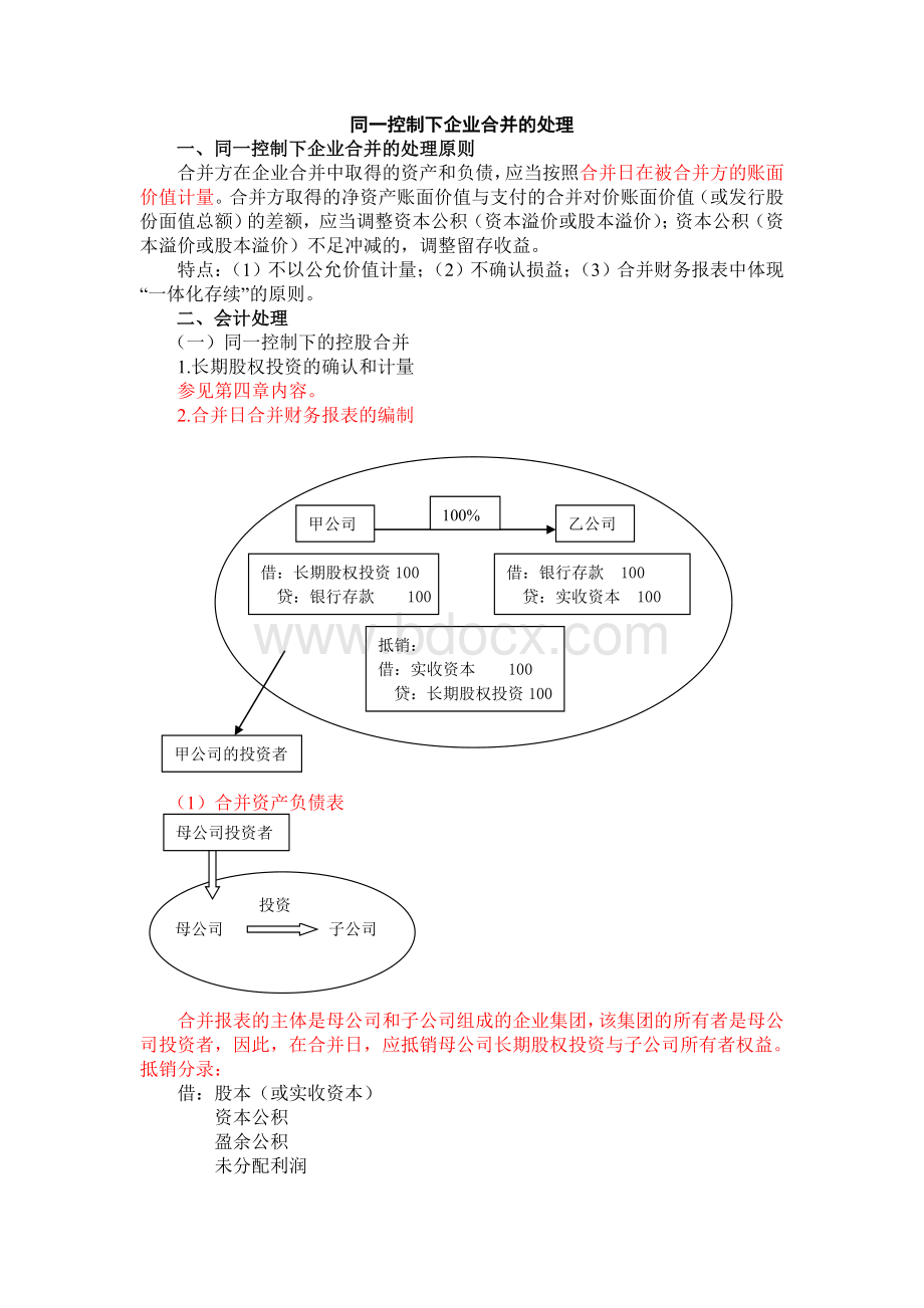 同一控制下企业合并的处理及例题.doc_第1页