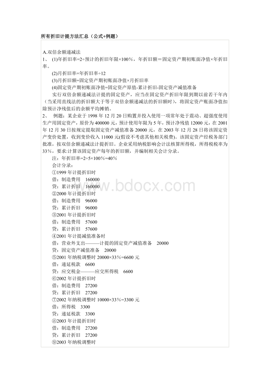 所有折旧计提方法汇总公式+例题Word文档下载推荐.doc_第1页