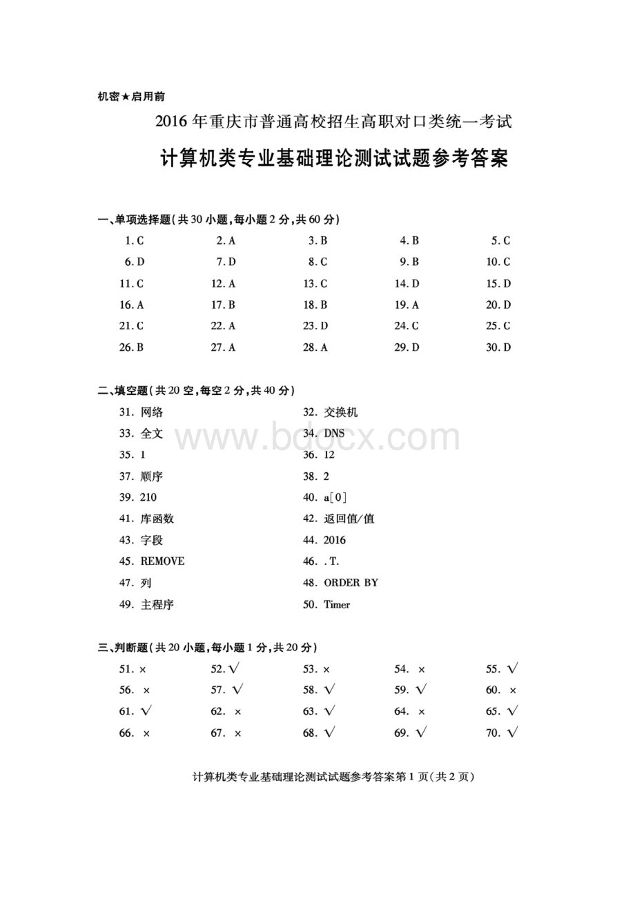 重庆市对口高职计算机专业试题答案资料下载.pdf