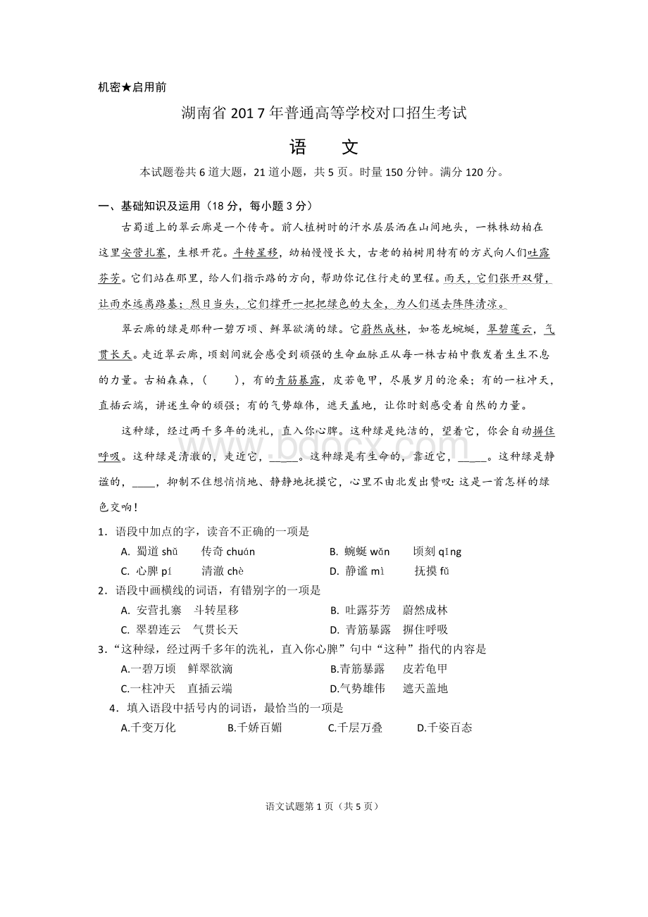 湖南省普通高等学校对口招生考试语文Word下载.doc_第2页