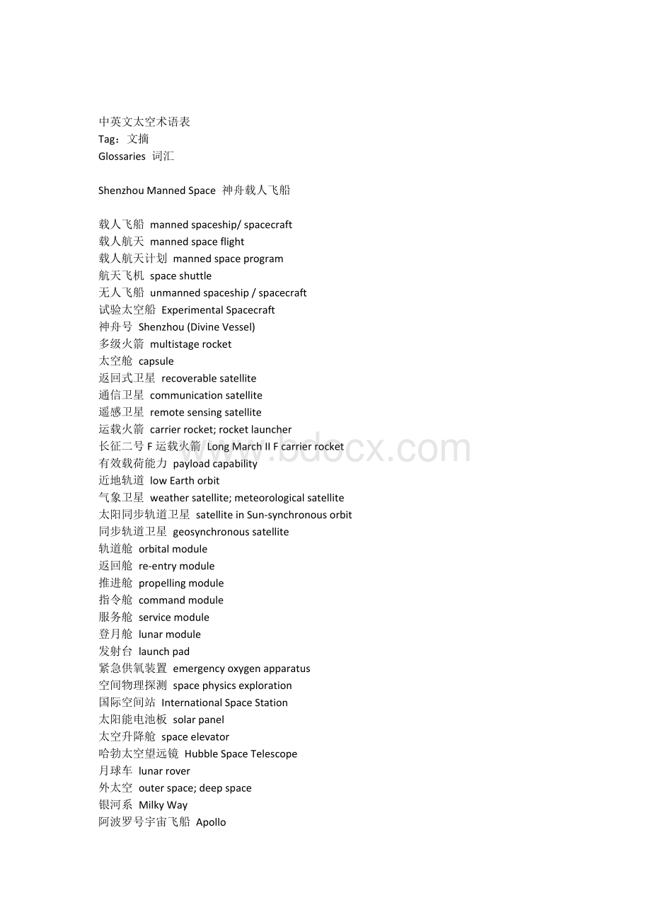 中英文太空术语表Word下载.docx_第1页