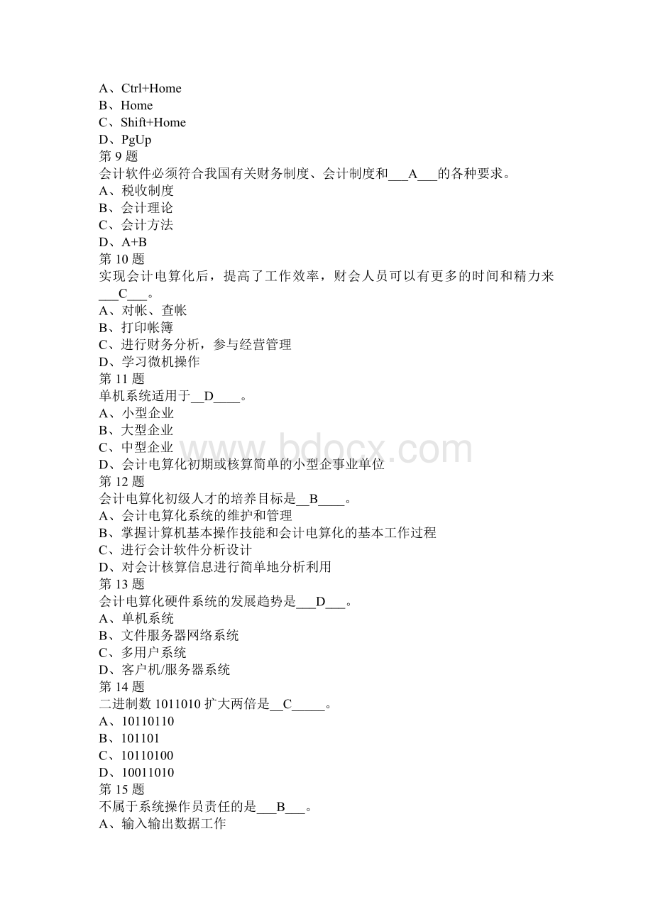 江苏省会计从业资格初级会计电算化第9套_精品文档Word格式文档下载.doc_第2页