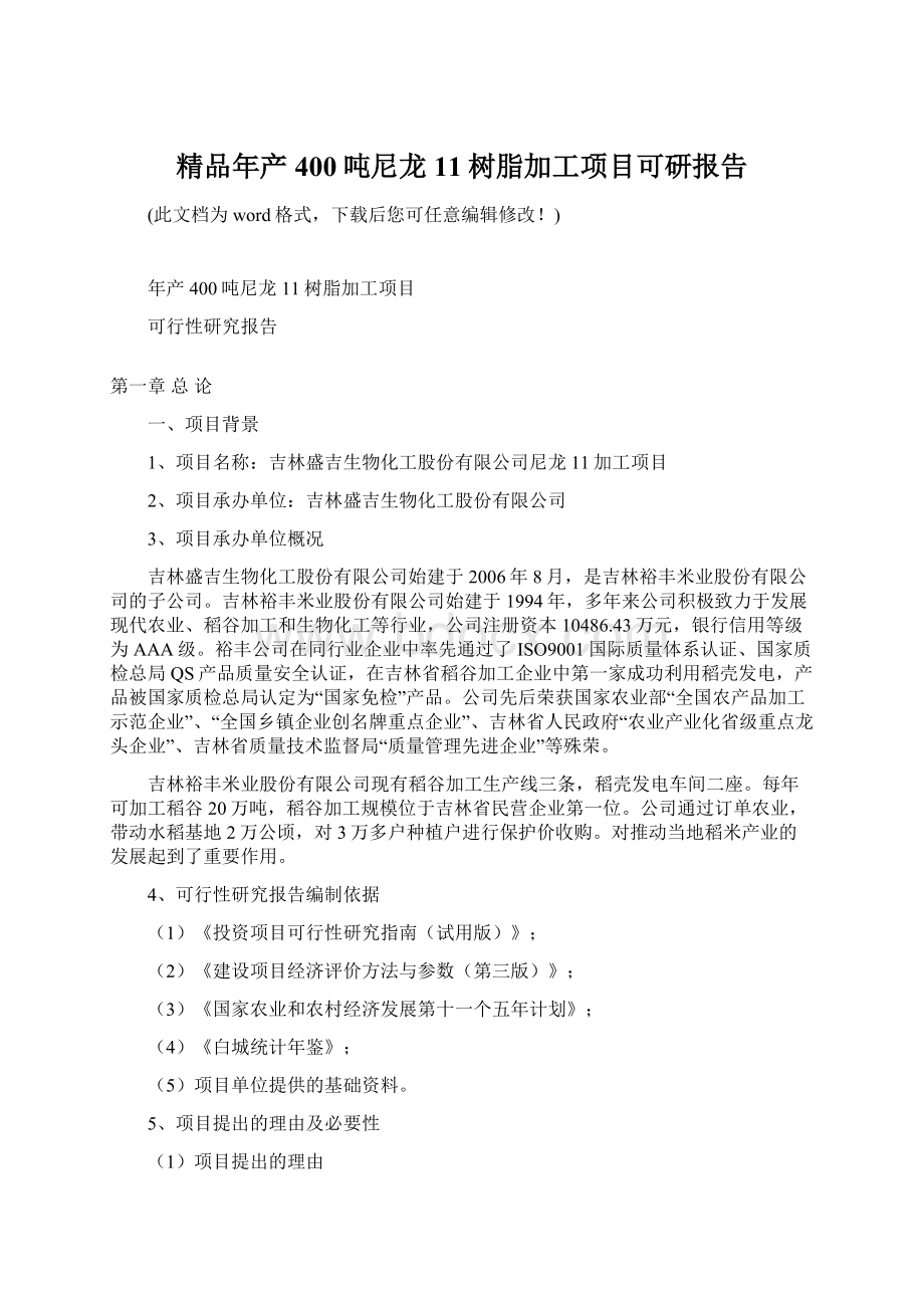 精品年产400吨尼龙11树脂加工项目可研报告Word文件下载.docx_第1页