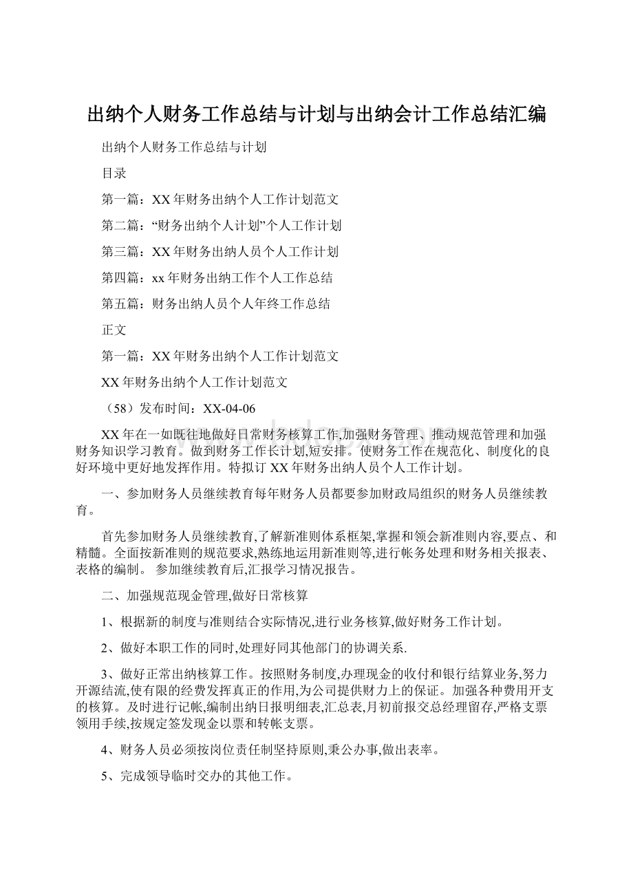 出纳个人财务工作总结与计划与出纳会计工作总结汇编文档格式.docx_第1页