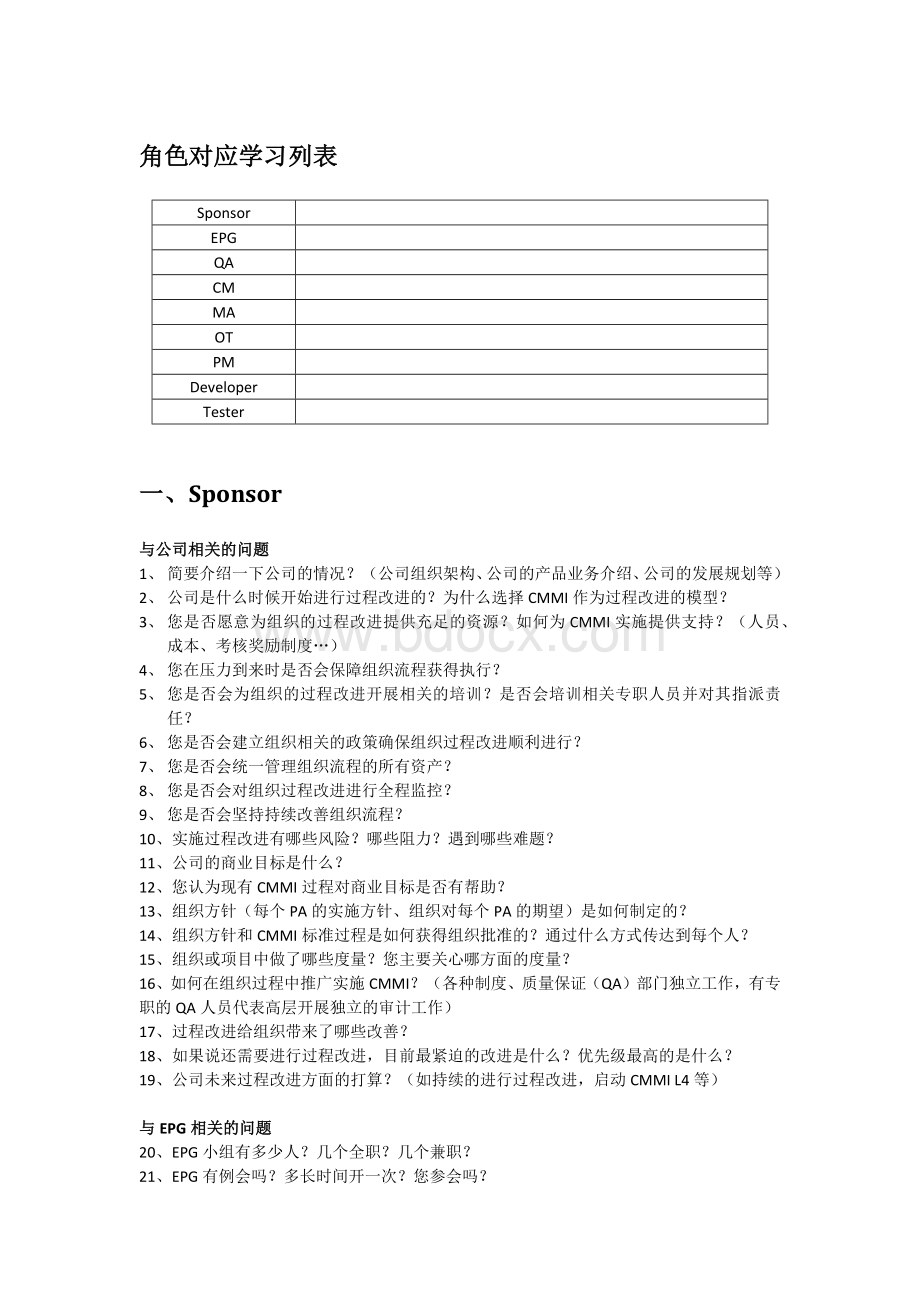 CMMI角色评估问题汇总Word文档格式.docx