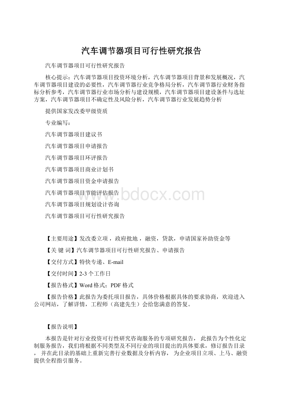 汽车调节器项目可行性研究报告文档格式.docx_第1页