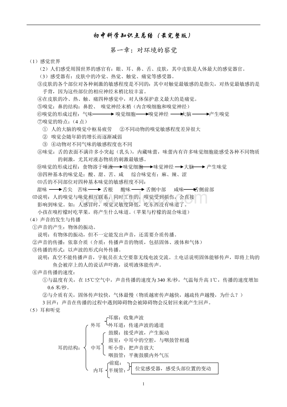 初中科学知识点总结最完整的知识点大全Word格式文档下载.doc_第1页