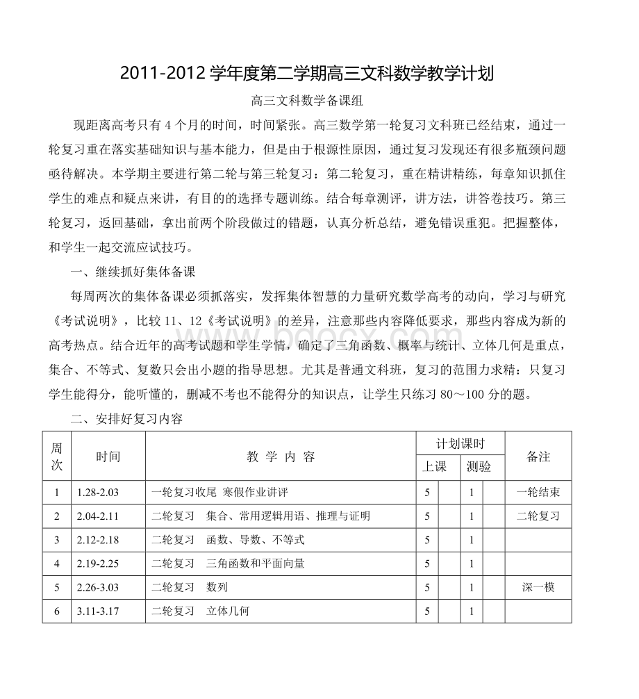 第二学期高三文科数学教学计划.doc