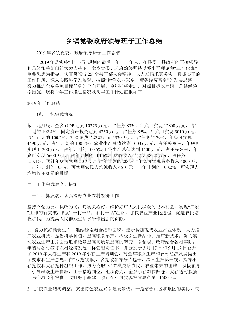 乡镇党委政府领导班子工作总结文档格式.docx