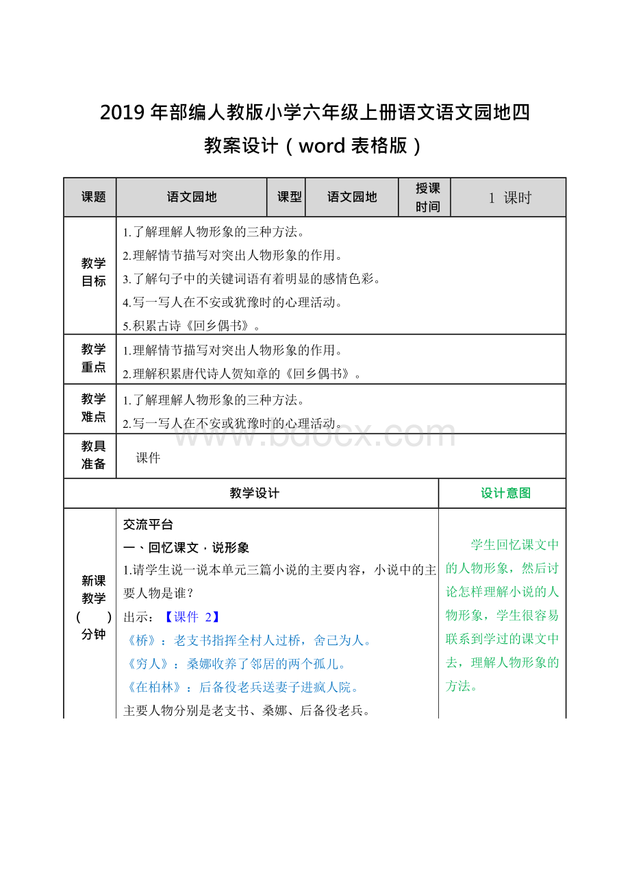 部编人教版小学六年级上册语文园地四至八单元教案设计汇编（word表格版）Word格式文档下载.docx_第1页