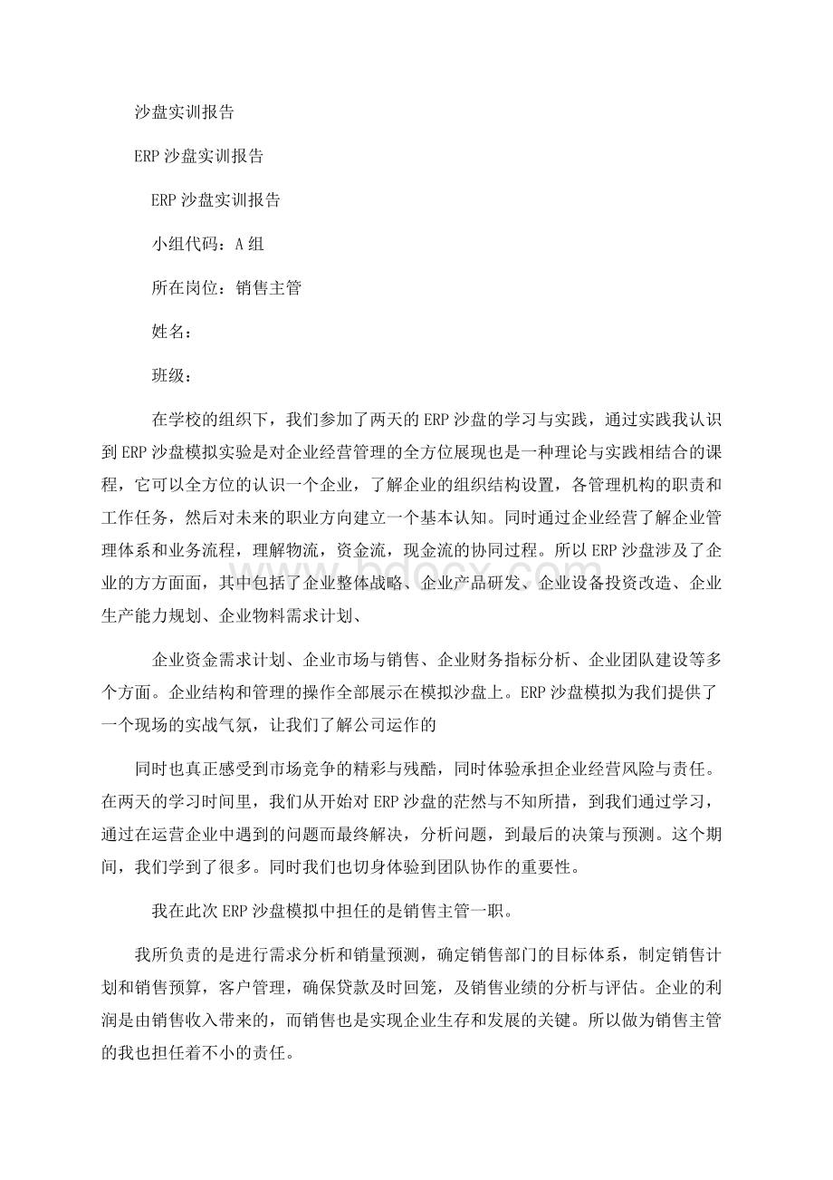 沙盘实训报告Word下载.docx