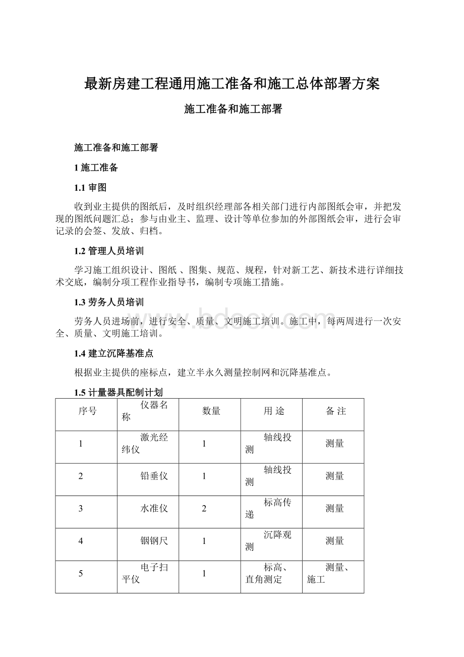 最新房建工程通用施工准备和施工总体部署方案文档格式.docx_第1页