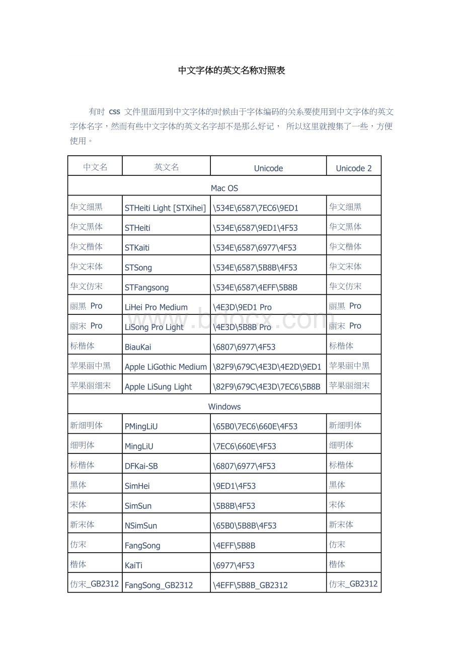 中文字体的英文名称对照表Word文件下载.doc