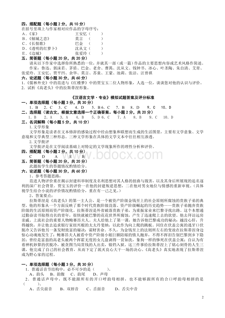 汉语言文学专业模拟试题_精品文档.doc_第2页