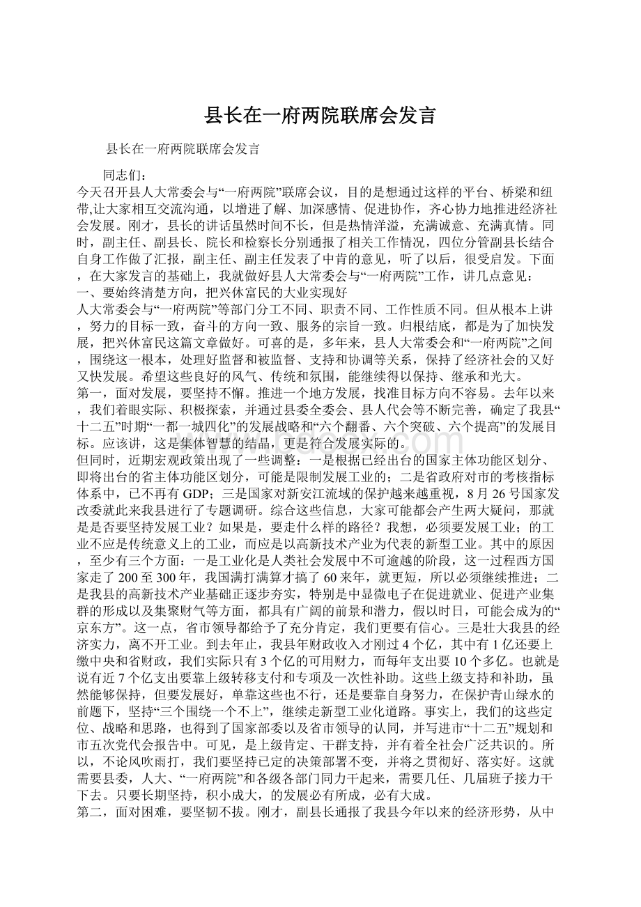 县长在一府两院联席会发言Word文档下载推荐.docx