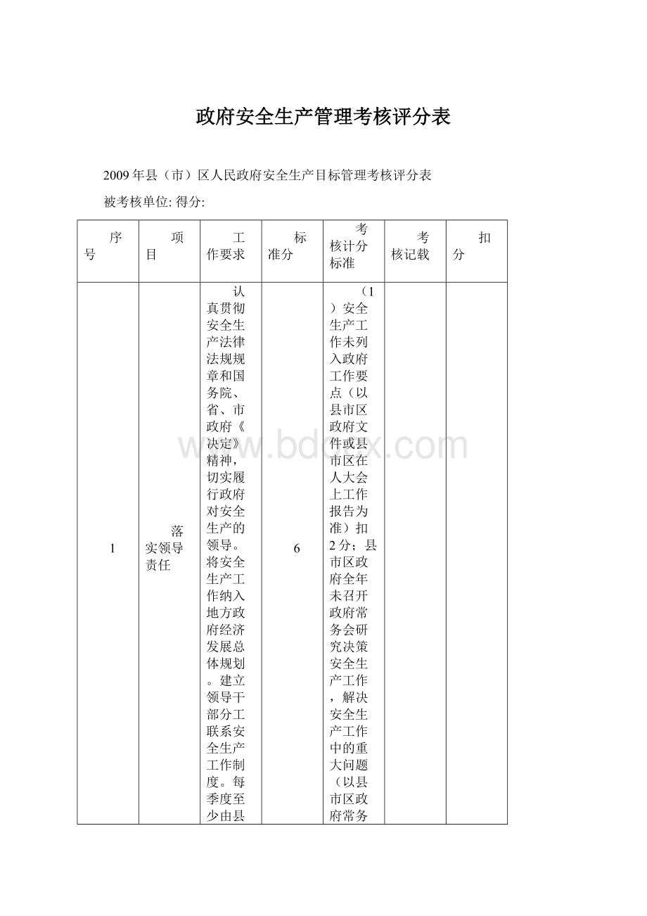 政府安全生产管理考核评分表Word下载.docx_第1页