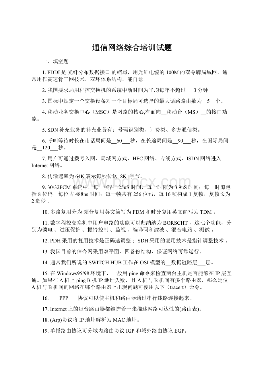 通信网络综合培训试题Word下载.docx