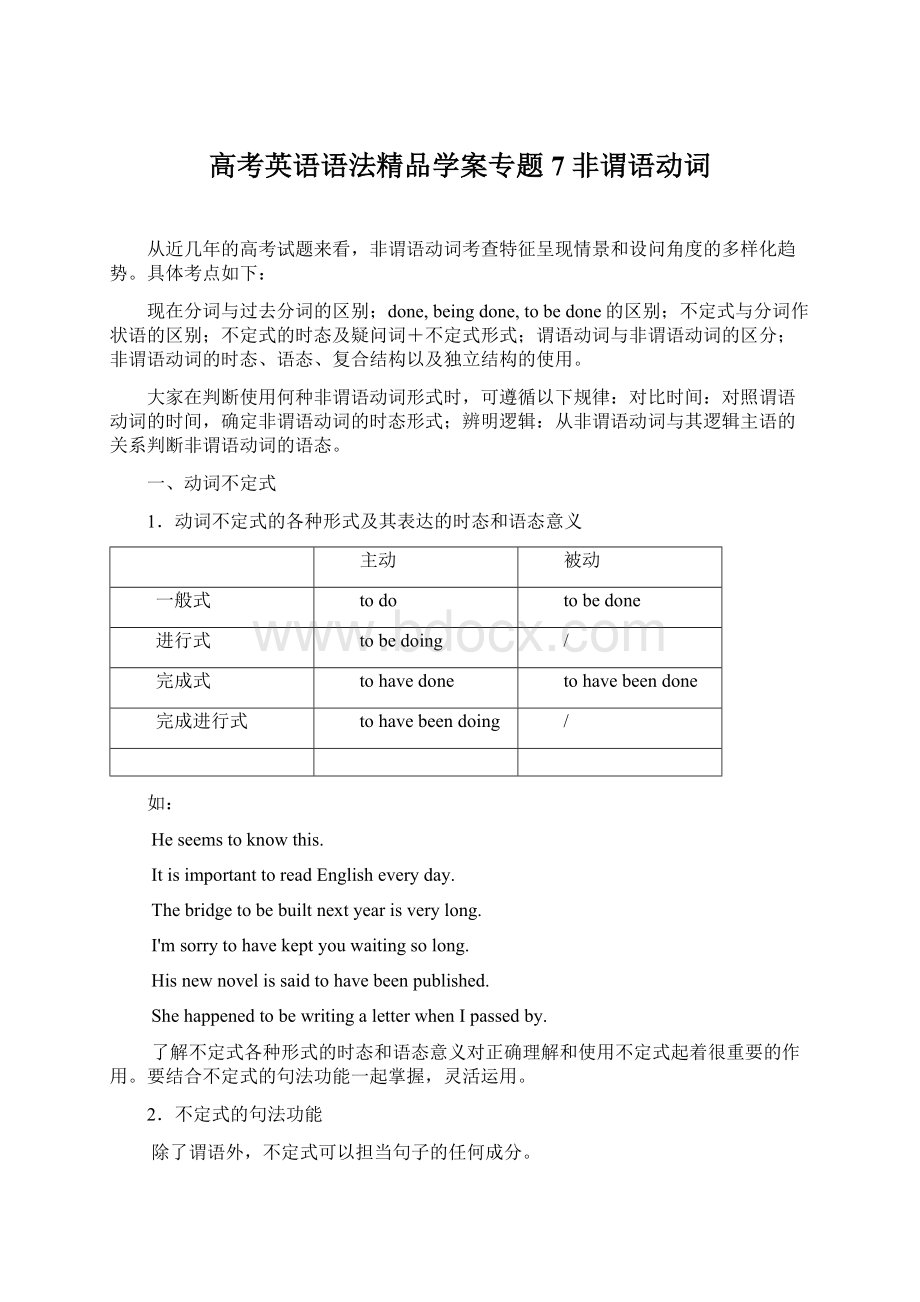 高考英语语法精品学案专题7 非谓语动词文档格式.docx