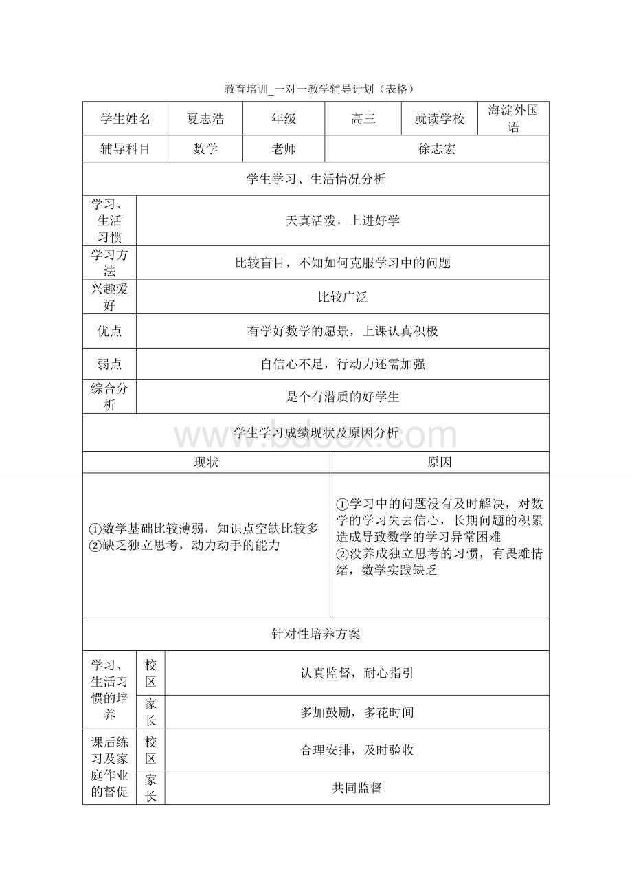 一对一教学辅导计划表格Word文档格式.doc_第1页