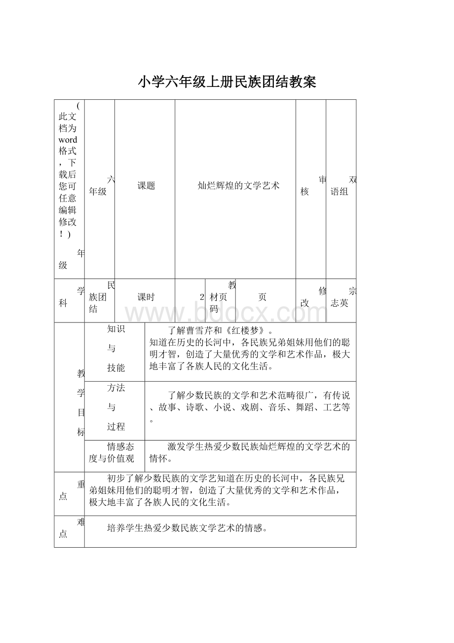 小学六年级上册民族团结教案.docx