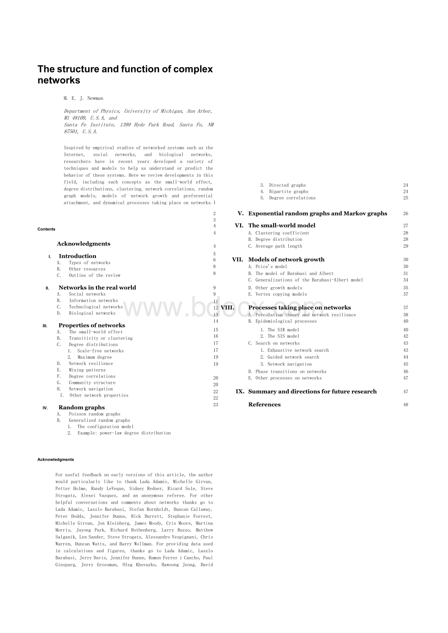 M E J Newman The structure and function of complex networks SIAM Review 45 167 256 2003文档格式.docx_第1页