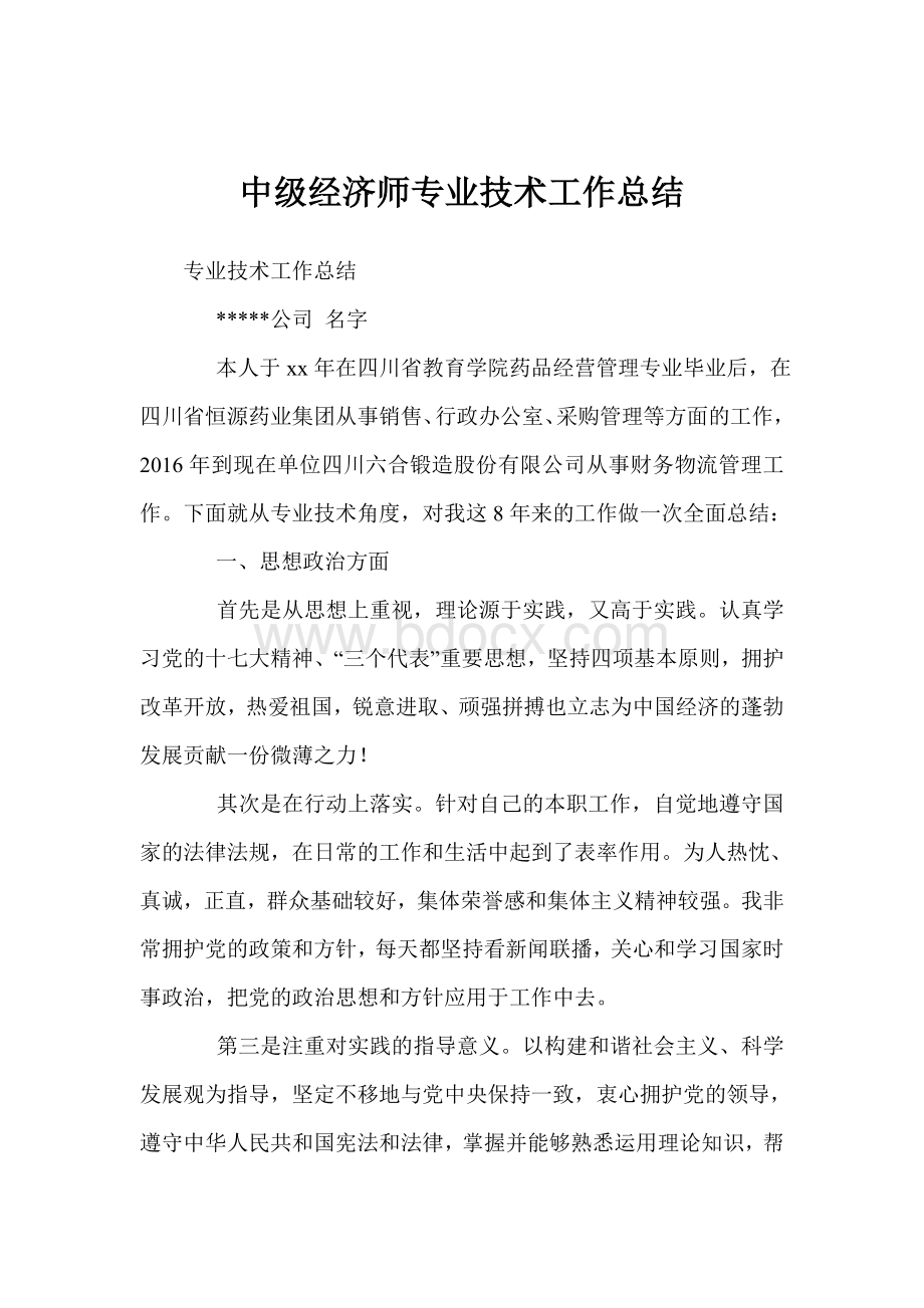 中级经济师专业技术工作总结.doc_第1页