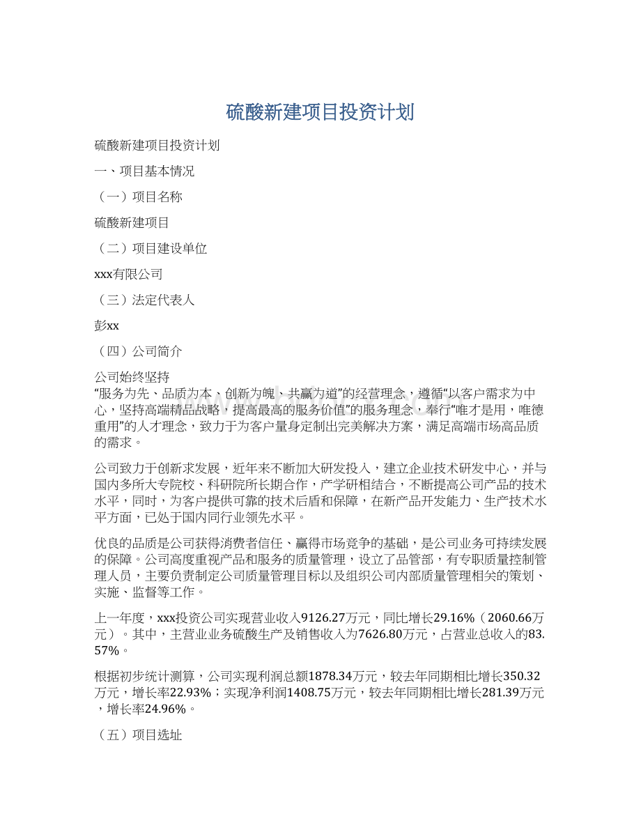 硫酸新建项目投资计划Word文档下载推荐.docx_第1页