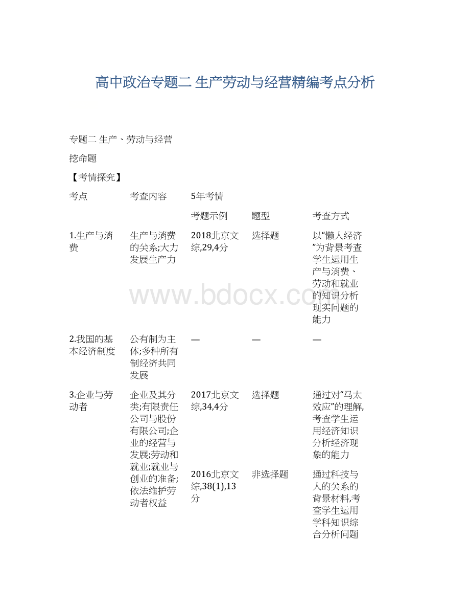 高中政治专题二生产劳动与经营精编考点分析Word文档下载推荐.docx_第1页