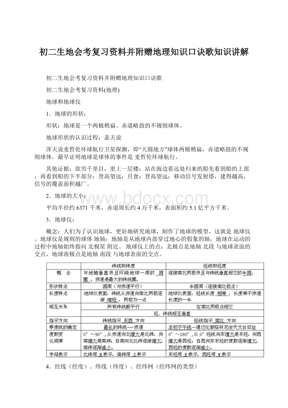 初二生地会考复习资料并附赠地理知识口诀歌知识讲解Word格式.docx