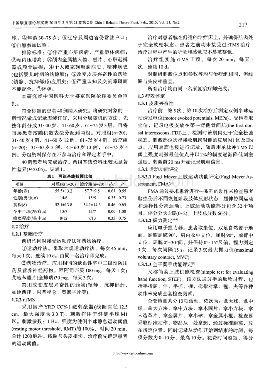 1Hz重复经颅磁刺激对缺血性脑卒中后上肢运动功能的疗效.pdf_第2页