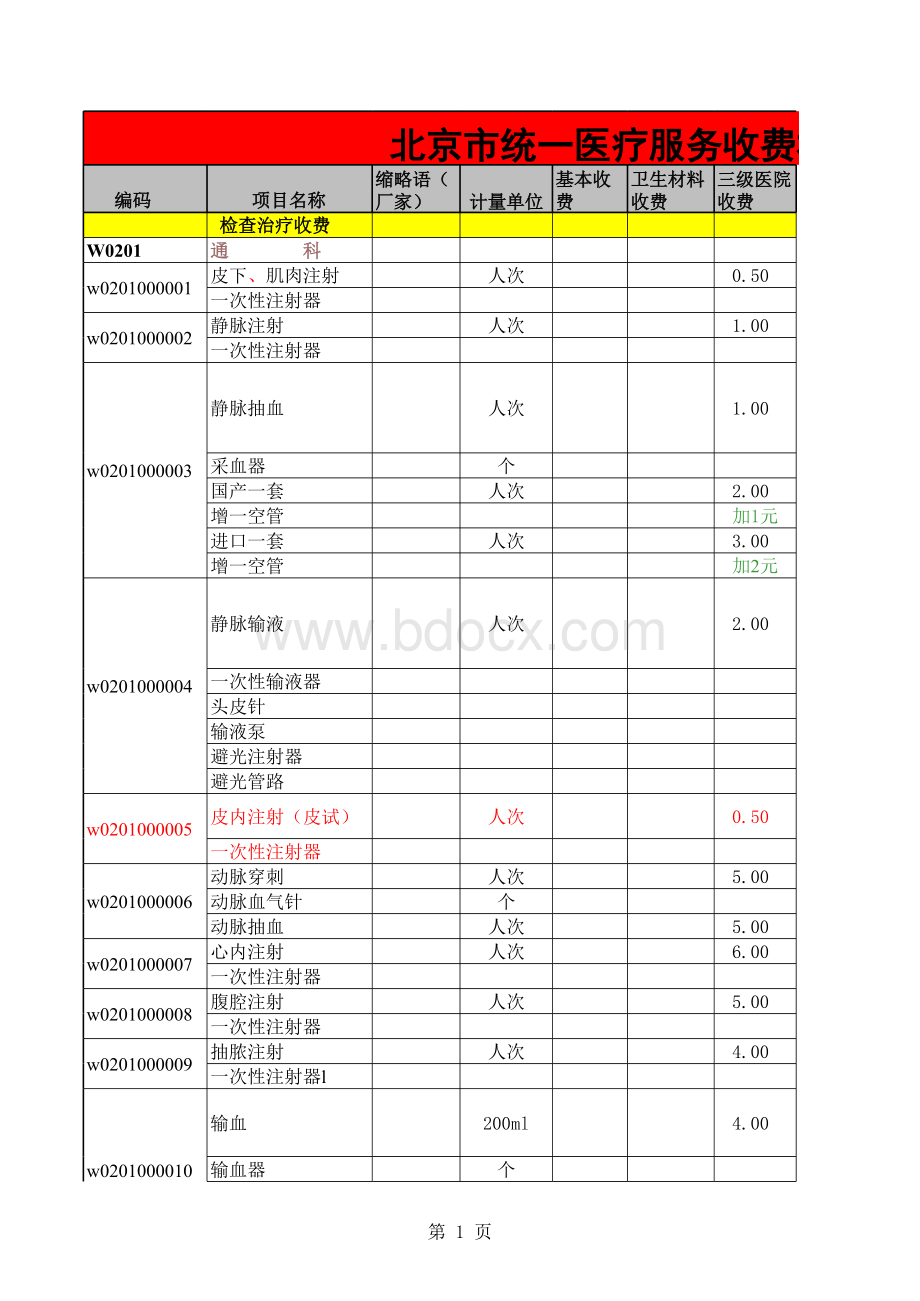 北京市统一医疗服务收费标准_精品文档表格文件下载.xls