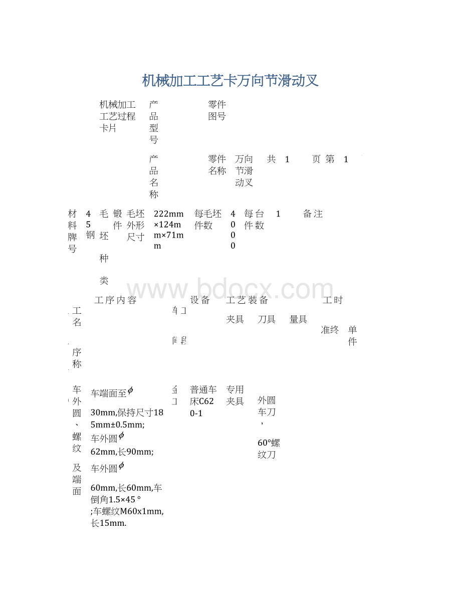 机械加工工艺卡万向节滑动叉Word格式.docx