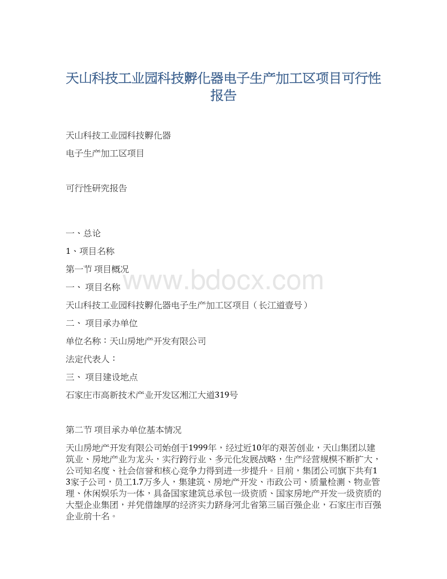 天山科技工业园科技孵化器电子生产加工区项目可行性报告.docx