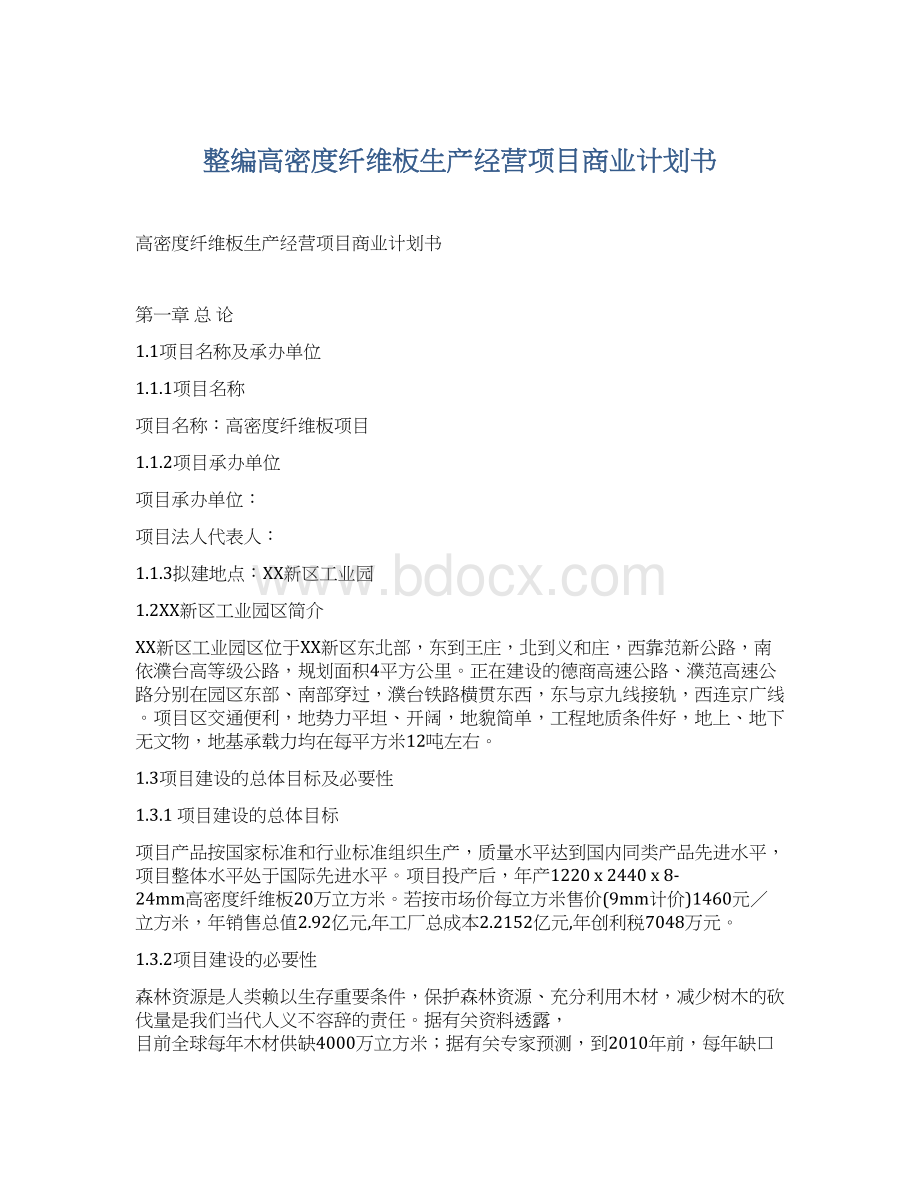 整编高密度纤维板生产经营项目商业计划书文档格式.docx