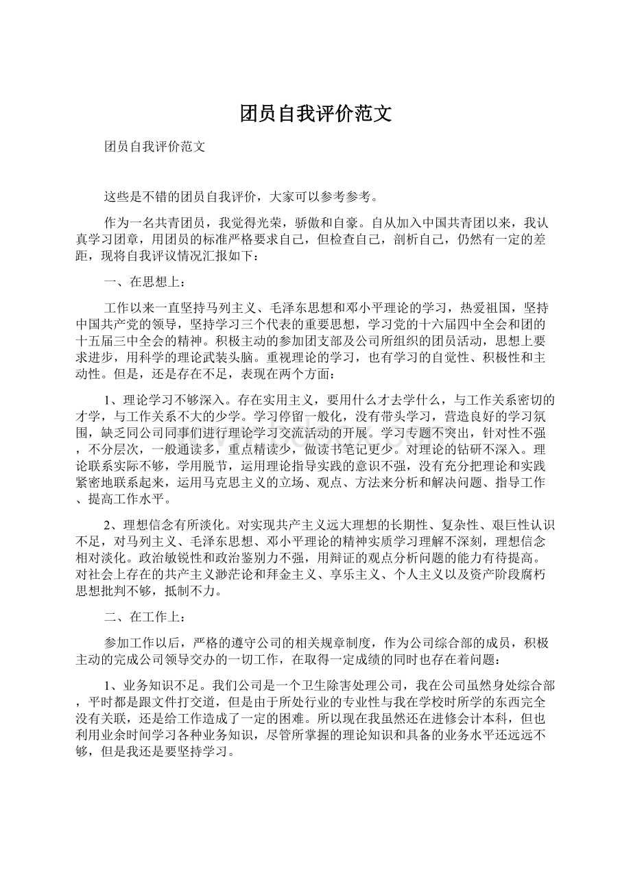 团员自我评价范文文档格式.docx